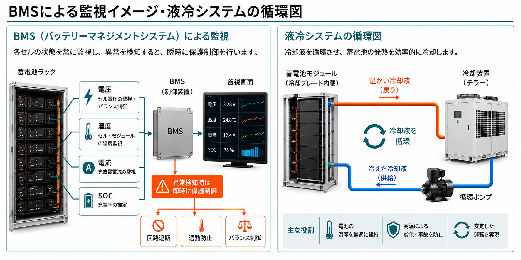 BMSによる監視イメージ・液冷システムの循環図